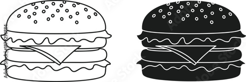 Black And White Vector Illustration Of Two Cheeseburgers Featuring Simple Line Art And Solid Silhouette For Fast Food Restaurant Menu And Kitchen Design Projects