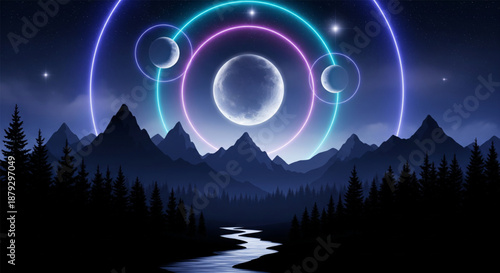 Glowing neon moon rings hover above a serene mountain landscape with a winding river