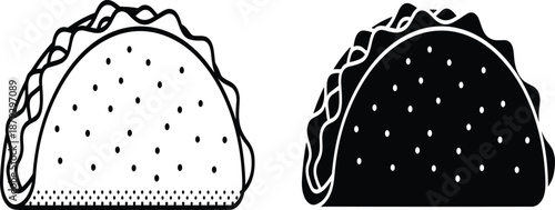 Black And White Vector Illustration Of Two Mexican Tacos Featuring Simple Line Art And Solid Silhouette For Fast Food Restaurant Menu And Kitchen Design