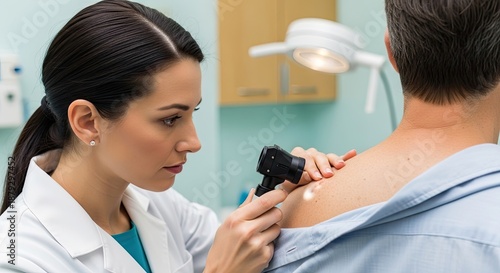 A dermatologist examining a patient's skin with a dermatoscope.