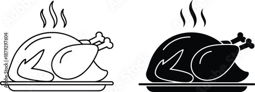 Black And White Vector Illustration Of Two Roasted Whole Turkeys On Platters Featuring Steaming Hot Meat In Minimalist Line Art and Solid Silhouette Styles