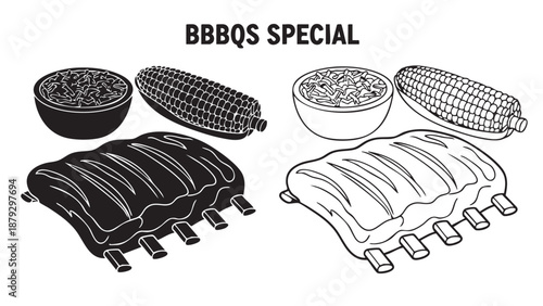 Bbq food items including ribs corn silhouette on transparent background