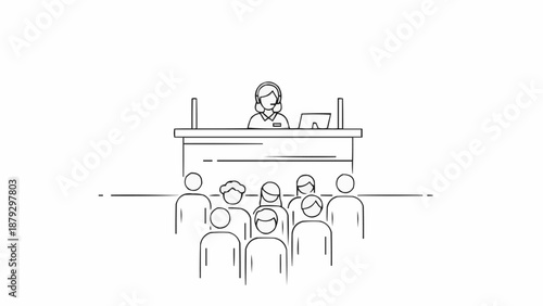 Courtroom scene with judge and jury in simple line drawing style.