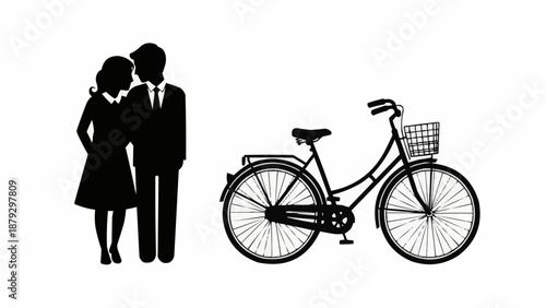 Couple Standing Next to Bicycle Silhouette.