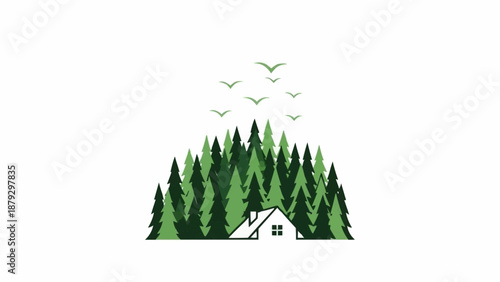 Cozy cabin nestled amongst tall evergreen trees with birds flying above.