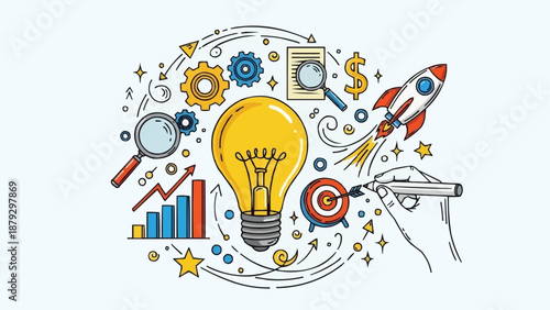 Creative business startup concept with light bulb rocket and gears.