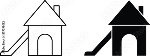 Black And White Vector Illustration Of Two Simple Dog House Shapes Featuring Minimalist Line Art And Solid Silhouette For Pet Care Domestic Animal And Housing Design