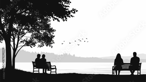 Couple Sitting on Benches by the Water Under a Tree.