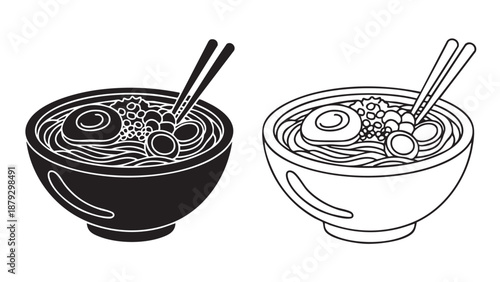Black and white ramen bowls with chopsticks on transparent background