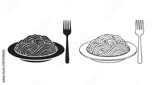 Noodle dishes with forks on transparent background silhouette