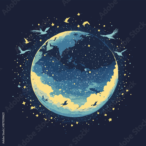 Stylized Earth with Birds and Celestial Bodies Night Scene Minimalist Illustration. , vector style simple color
