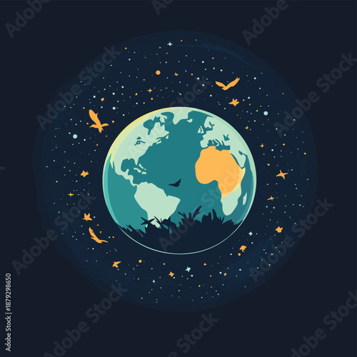 Stylized Earth with Birds and Celestial Bodies Night Scene Minimalist Illustration. , vector style simple color