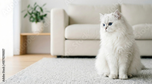 Calm white longhair cat sitting on living room carpet