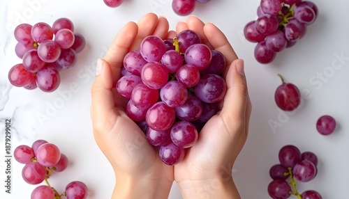 flat lay hand holding grapes on white background