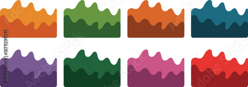 A cheerful assortment of eight colorful wavy topped shapes in warm and cool tones on a white background