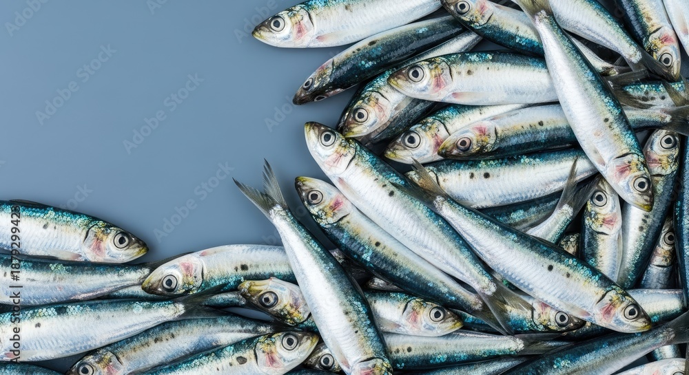 Obraz premium A group of sardines on a blue background.