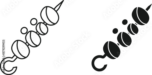 Black And White Vector Illustration Of Two Shish Kabobs Featuring Grilled Meat And Vegetable Skewers In Minimalist Line Art And Solid Silhouette Styles