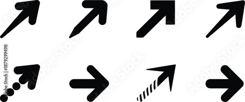 A collection of eight black arrow symbols pointing upwards and to the right in various styles