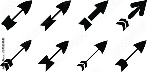A diverse selection of eight black arrow symbols designed like classic feathered arrows pointing diagonally