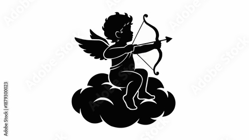 Cupid Silhouette Sitting on Cloud Holding Bow and Arrow.