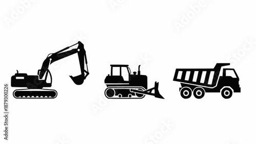 Construction vehicles silhouette set excavator bulldozer dump truck.