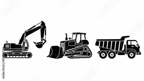 Construction vehicles silhouette set excavator bulldozer dump truck.