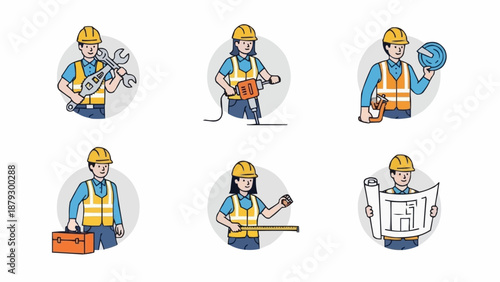 Construction workers with tools and blueprints illustration set.