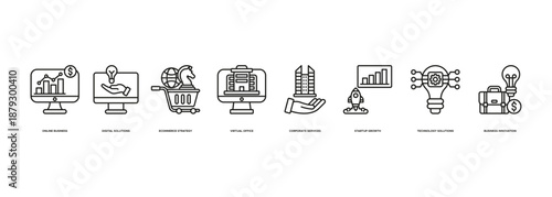 Online Business Solutions Banner Illustration Featuring Online Business, Digital Solutions, Ecommerce Strategy, Virtual Office, Corporate Services, Startup Growth and Technology Solutions