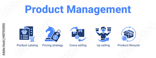 Product Management web banner icon vector illustration concept ,  with icon of Product catalog, Pricing strategy, Cross selling, Up selling.
