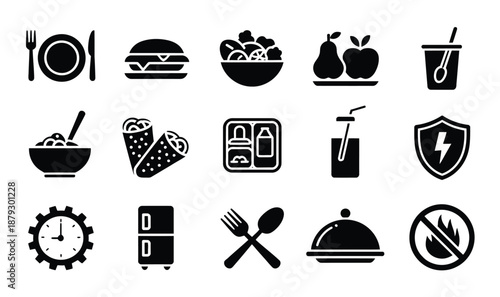 black food and meal icon set including sandwich, salad, fruit, bento box, safety symbols, time management, lunch, digital design, modern illustrations, line art.