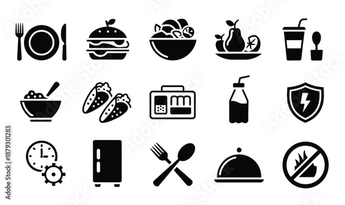 collection of black food and meal icons showing sandwich, salad, fruit, bento box, with symbols for safety, time management, lunch, digital illustrations, line art.