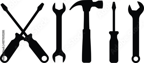 Collection of black silhouette hand tools including crossed screwdrivers, a wrench, and a hammer on white