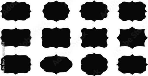 Diverse collection of twelve solid black decorative frames and labels in various elegant shapes