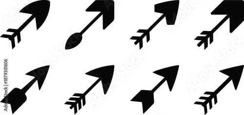 Eight black arrow symbols resembling cupid arrows pointing towards the top right corner