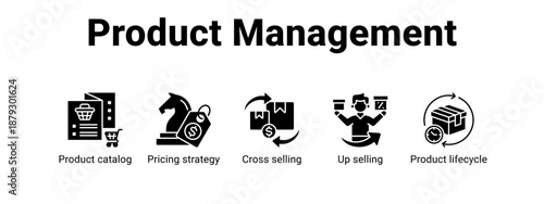 Product Management web banner icon vector illustration concept ,  with icon of Product catalog, Pricing strategy, Cross selling, Up selling.