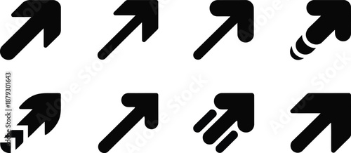 Eight different black arrow icons pointing diagonally upwards representing direction or movement