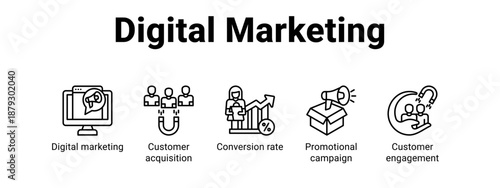 Digital Marketing web banner icon vector illustration concept ,  with icon of Digital marketing, Customer acquisition, Conversion rate, Promotional campaign.