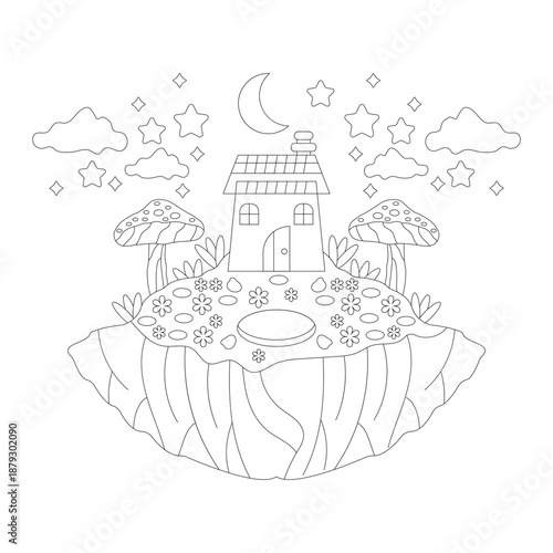Fantasy Wonderland Floating Island Line Art Magical House Moon Stars Coloring Page Illustration