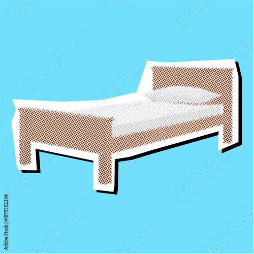 Single bed Halftone Dotted Collage Element Pointillize in Paper Torn vector for furniture art. Ideal for bedroom decor, hostel ads, and retro sleeping designs.