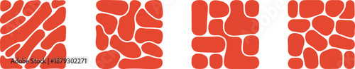 Four rectangular sections displaying collections of irregular red organic rounded shapes on a white background