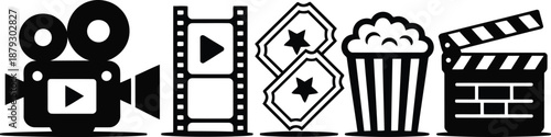 Iconic black outlines of various cinema and film production symbols on a clean white background