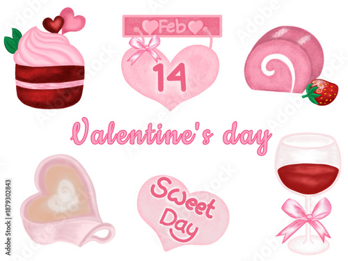 Hand-drawn Valentine's Day elements. Vector illustration of a cupcake with icing, a calendar, a roll cake with strawberries, coffee in a heart-shaped cup, and a glass of red wine.