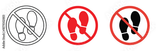 No walking icons in black and red,No, stop barefoot walking icon,Isolated illustration of do not wear flip flop, slippers, sandal, sandals, casual footwear with red circle crossed out of disallowed