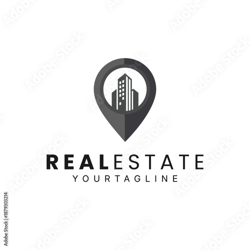Minimalist Real Estate Logo Vector featuring Abstract Skyscraper Buildings inside a Black Map Pointer - Monochrome Location Pin Icon for Realtor, Mortgage, and Architecture Business