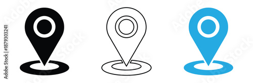 Location icons in black, line, and blue colors for navigation,Set Of Address place icon symbol. Location icon collection.Location pin icon set. Map pointer vector. Navigation marker.