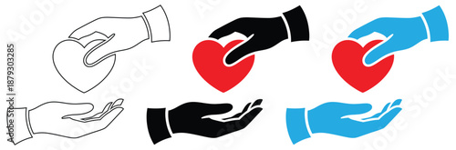 Hands holding hearts in different colors and styles,Heart in hand icons set. Hands holding heart icon. Love icon. Health, medicine symbol. Healthcare hands holding heart flat and line style 