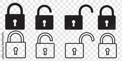 Lock icon. locked and unlocked black outline icon set for app, ui, ux, and website. vector illustration on transparent background.