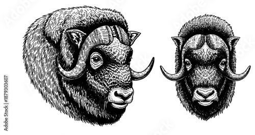 Musk ox engraving illustration for arctic heritage branding
