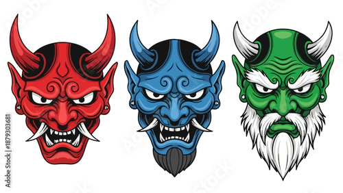 Japanese Oni Demon Mask Set - Red, Blue, and Green Hannya Masks Vector Illustration for Tattoos and Mascots