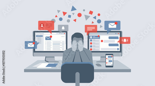 Person overwhelmed by digital notifications and social media on multiple screens.